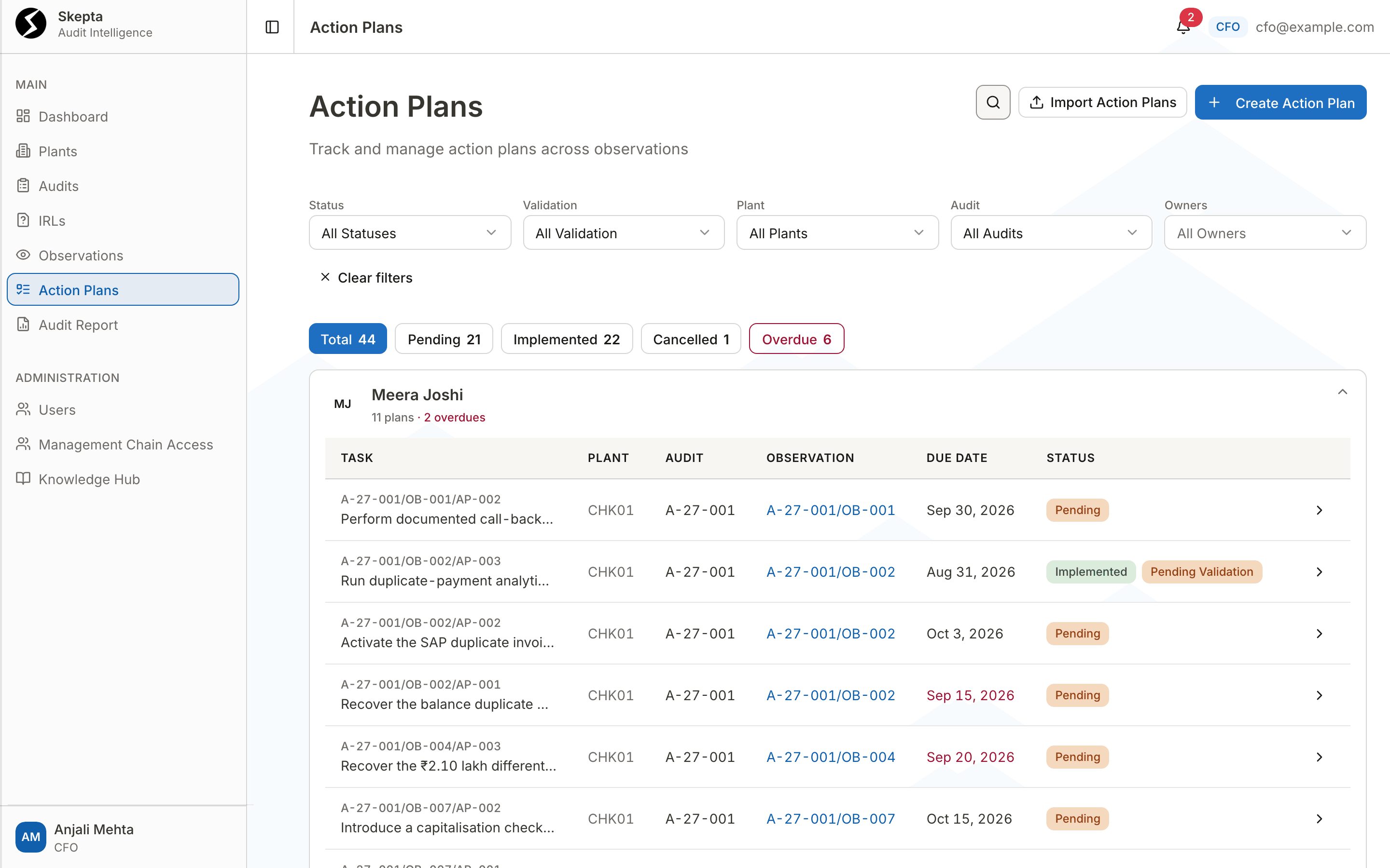 Action-plan register grouped by owner, with overdue dates flagged and a plan awaiting validation
