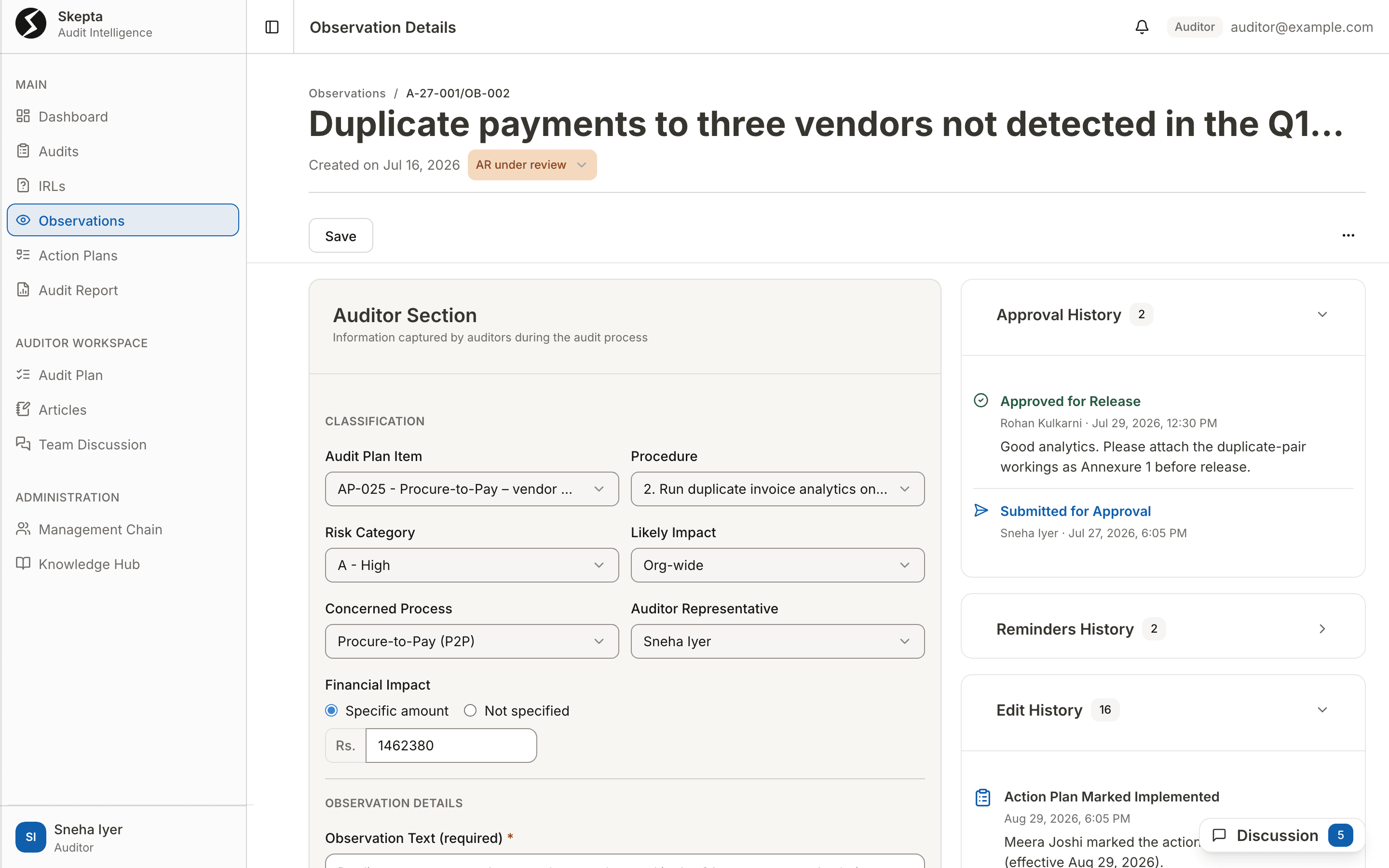 Observation A-27-001/OB-002, duplicate payments to three vendors, with its approval and edit history