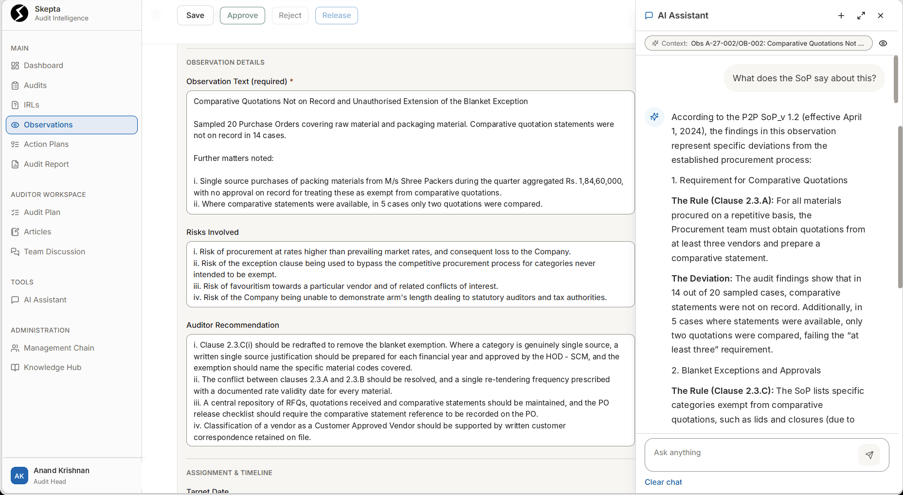 Observation A-27-002/OB-002, comparative quotations not on record, with the AI Assistant explaining what the P2P SoP requires